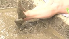 UK MILF Tights in mud. Feet rubbing amateur wife
