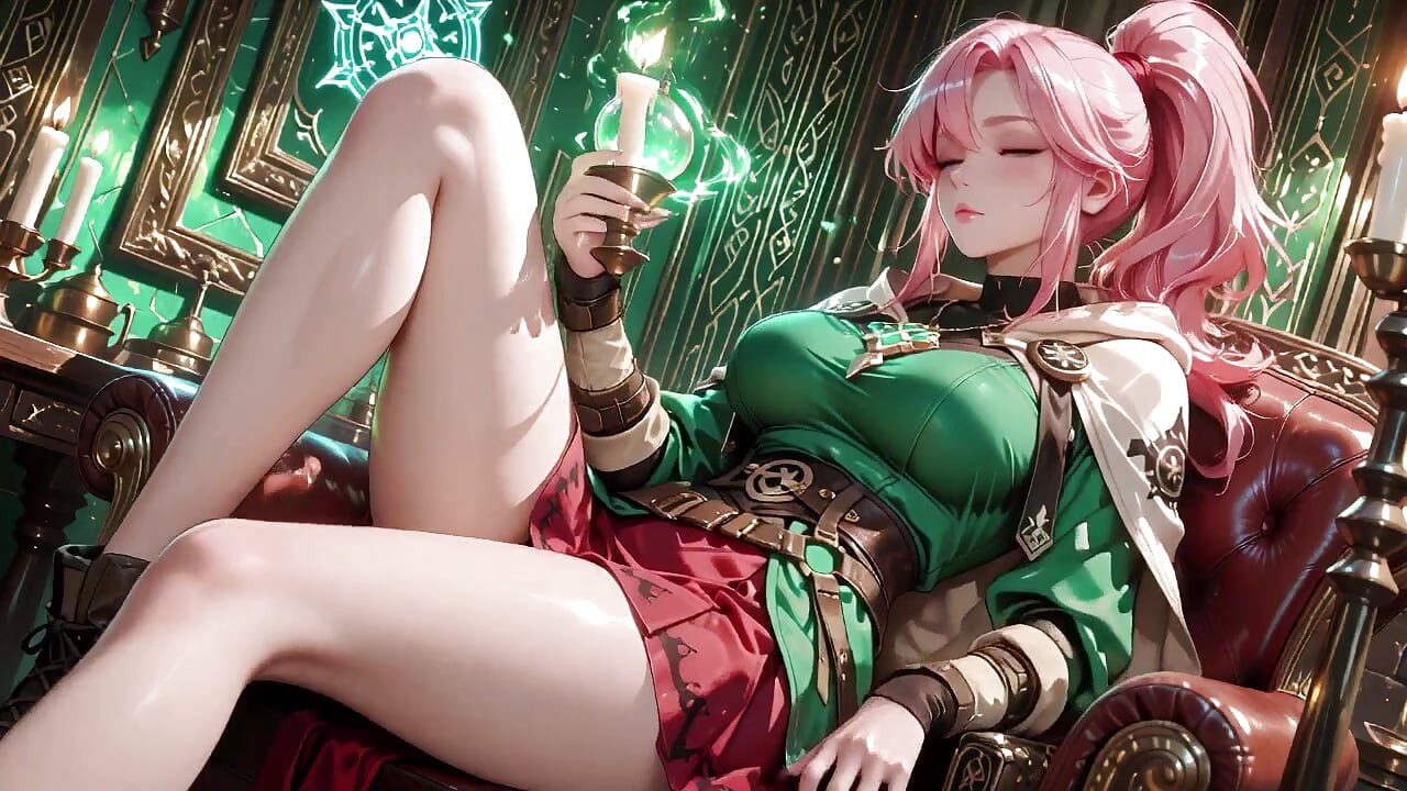 Deep squat teasing under the giant magic array, green battle gear stretched tight.