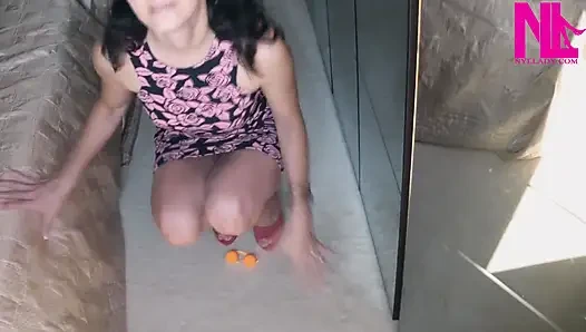 Ballbusting Vagina Balls in Pink Open Toe Sandals on Barefoot