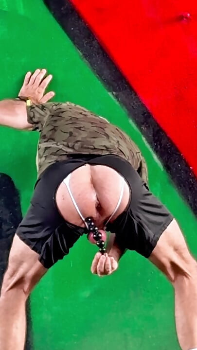 Sporty Guy in Lingerie Thong Exposing Outside