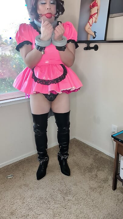 Sissy Maid Playing with Herself with Bondage, Huge Dildos, and Chastity