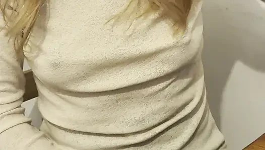 Having Pizza in a sheer blouse in public  in a restaurant exposing my big nipples