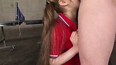Babe in pigtails sucks guy's dick after a game of ping pong