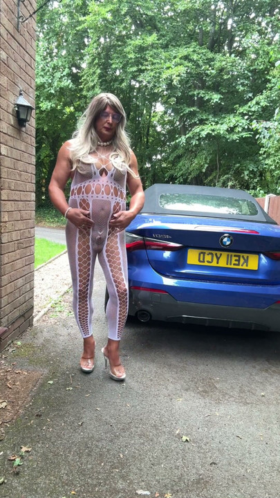 Sexy Crossdresser kellycd2022 in white fishnet catsuit and heels | Clip 1