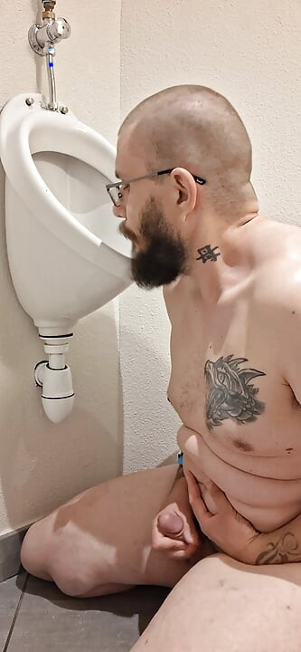 Public urinal licking squirt in