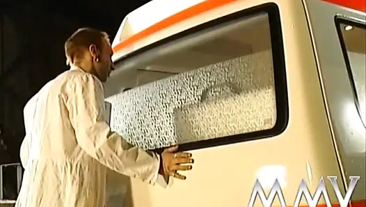 Retro scene with hot redhead fucking in an ambulance