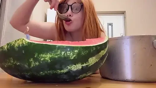 Giantess Stepsister Eats Watermelon and Is Really Horny While Tiny Stepbrother Watches Giantess Stepsister Eat