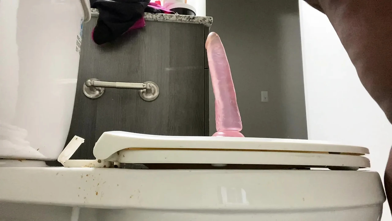 Riding Pink Dildo in the Bathroom