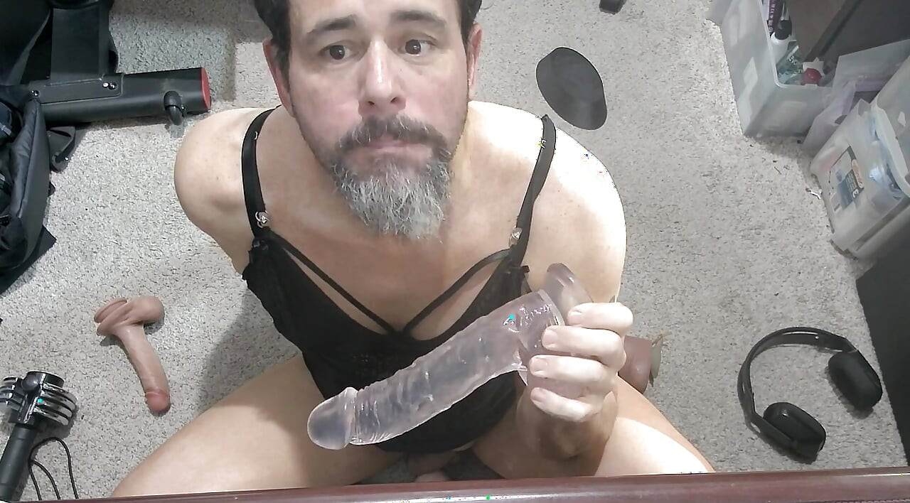 POV of a sissy faggot deep throating and gagging on dildos while riding a thick dildo