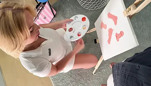 All natural big tits big ass hot MILF painter wants her model to masturbate for her own pleasure while painting him