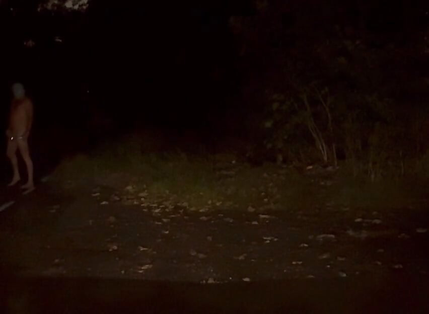 Wanking naked outside in road , few cars pass