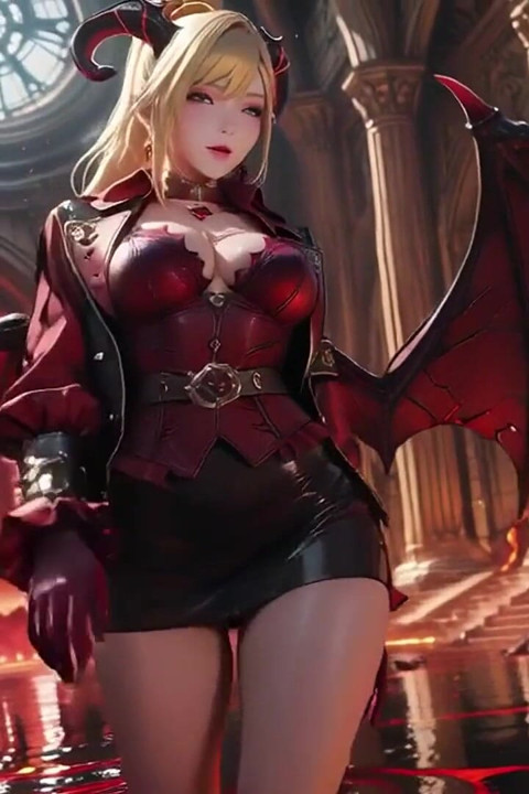 Tron lawy! Blonde Demon Queen Klęka i rozprzestrzenia swoje skrzydła, leniwy złośliwiec ze szklanką.