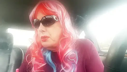 Mature TG CD Rainbow Wig Leather Gloves Smoking VS120s like a PRO in her car