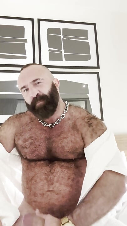 Verbal Muscle Bear Jerks His Big Cock with Cock Ring & Heavy Balls
