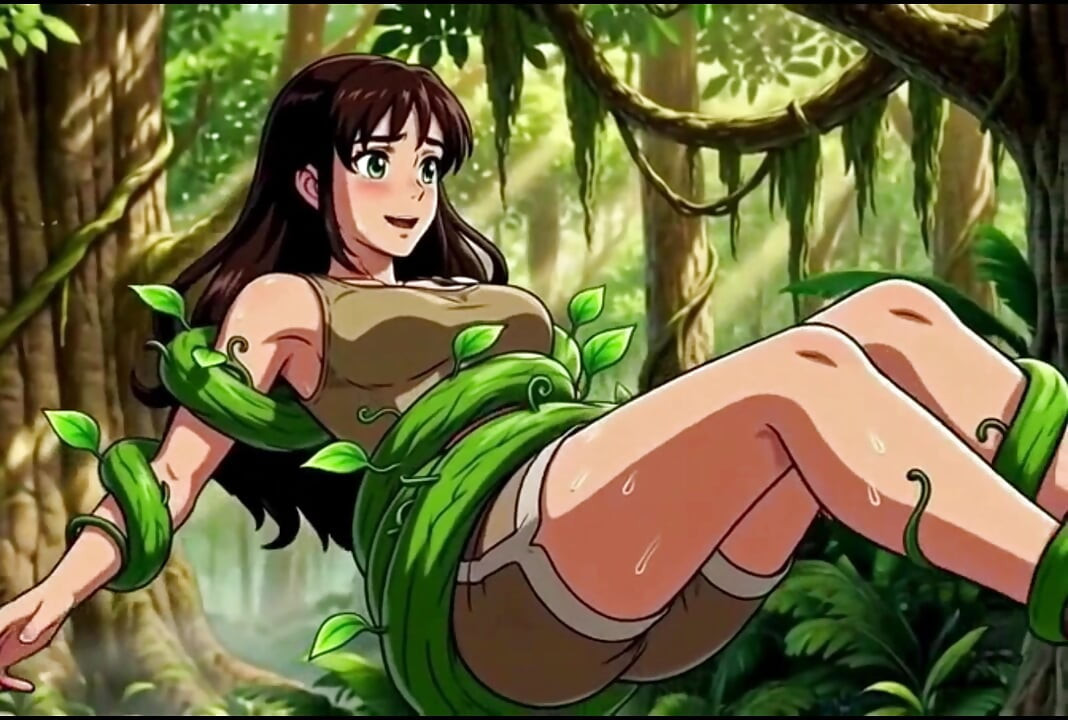 Explorer girl bound in teasing vines that give her  Bound in teasing vines that  intimate pleasure
