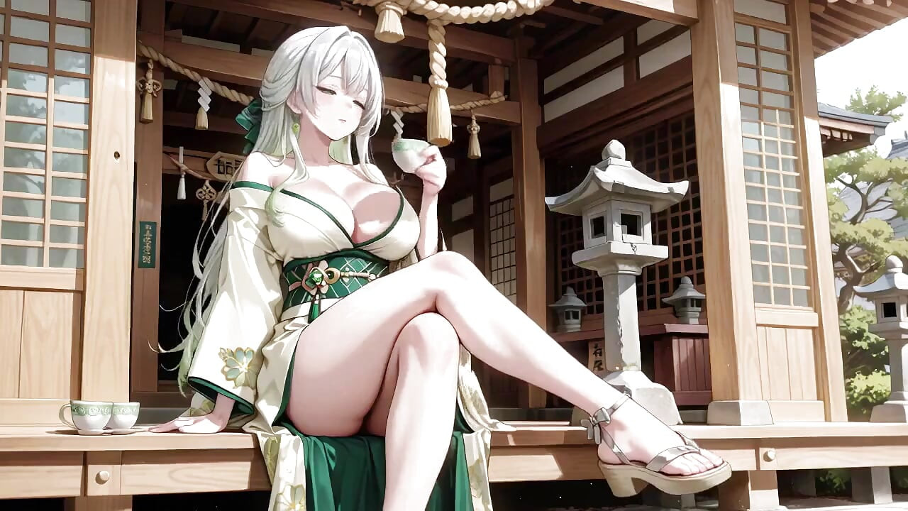 Silverhåriga Shrine Maiden Secrets! Languidly liggande i en röd korridor, hennes bara axlar och frodiga lår exponerade