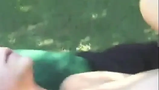 Young blonde opens her legs wide to get a thick cock in her pussy outdoors