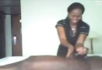 Ebony massage and handjob cumshot