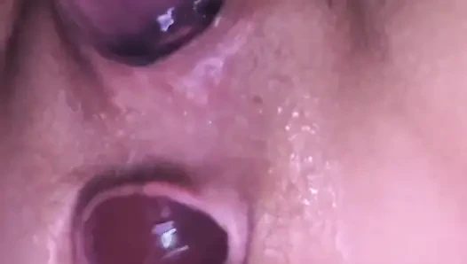 Double Ended Dildo All the Way up Ass While Huge Dildo in Pussy