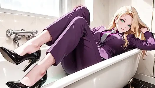 Blonde Boss in Purple Suit! Office Train Private Moments. She's Multitasking with Files While Secretly Adjusting Her Skirt...