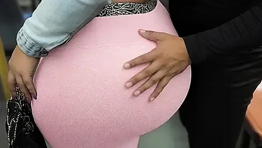"Balaclava BBW Gets Ass  in Tight Shiny Pink Pants - Public Bus"
