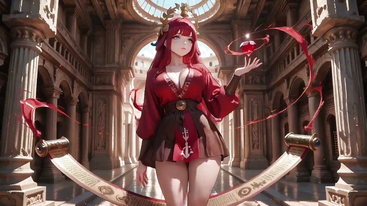 Ancient Stone Corridors Dappled with Light, She Lounges in a Circular Pool Overflowing with Liquid