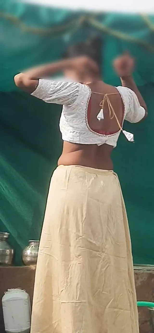 Stepsister is trying to touch stepbrother sister wearing blouse bra saree after taking open bathroom bath