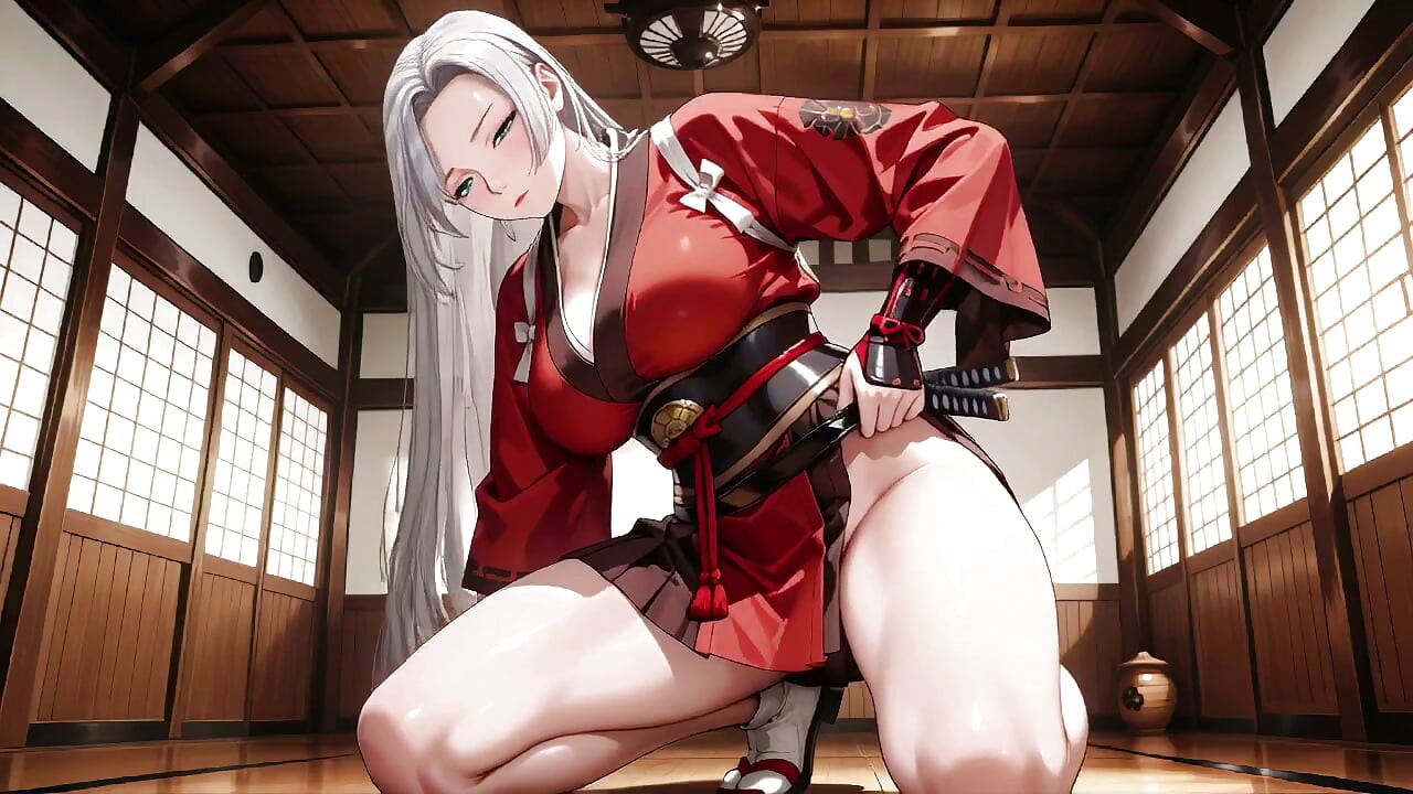 Silver-Haired Samurai's Private Dojo! Red & Black Kimono slightly open, dual swords in hand yet undeniably seductive.