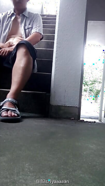 Fully naked exposure ejaculation on a public staircase