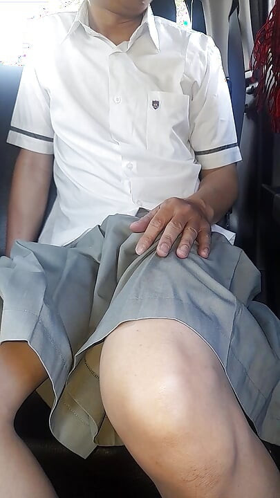 Asian Crossdresser Cum Wearing Grey School Girl Uniform