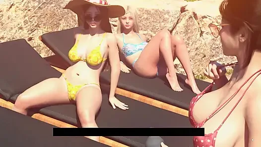Hiro massaging Japanese Bikini Stepmom Big Ass In Beach With Stepsisters
