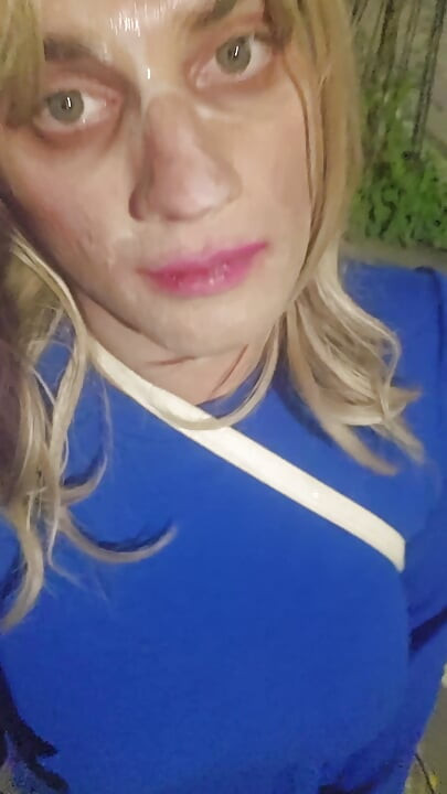 Sissy has to walk home with a huge load of cum of her face, humiliating cumwalk