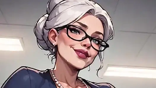 Waifu sekreter bakış açısı - beyaz saçlı nine ve esmer ofis yakın çekim azdırma