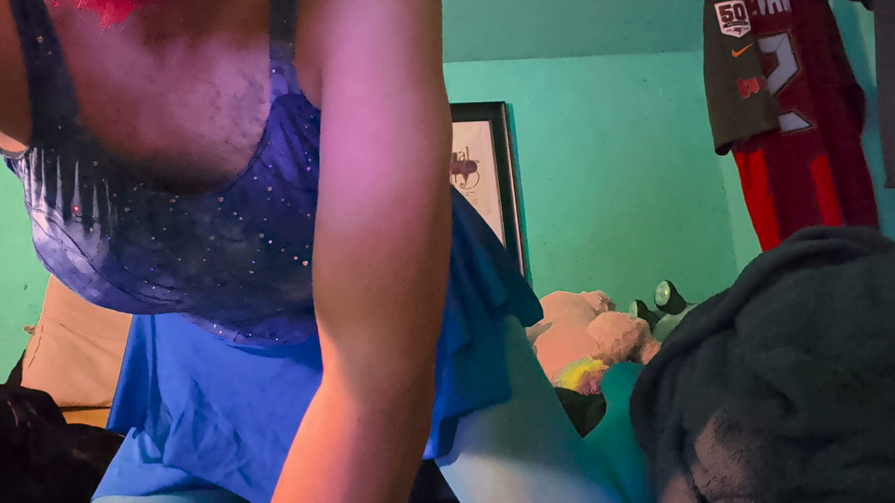 Masturbating in wife's blue figure skating dress