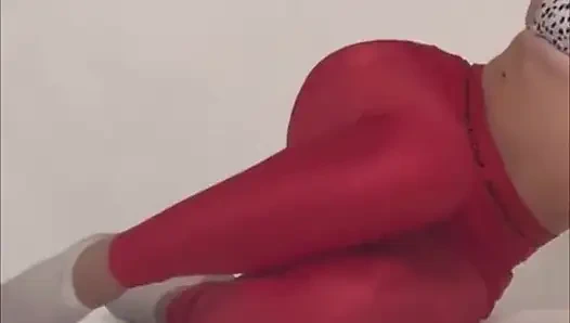 yoga in red tight leggings