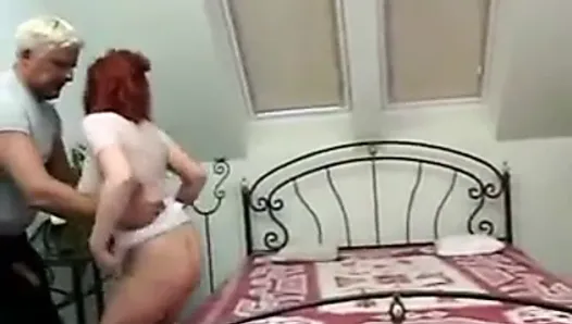 Fat girl redhead fucked by two men
