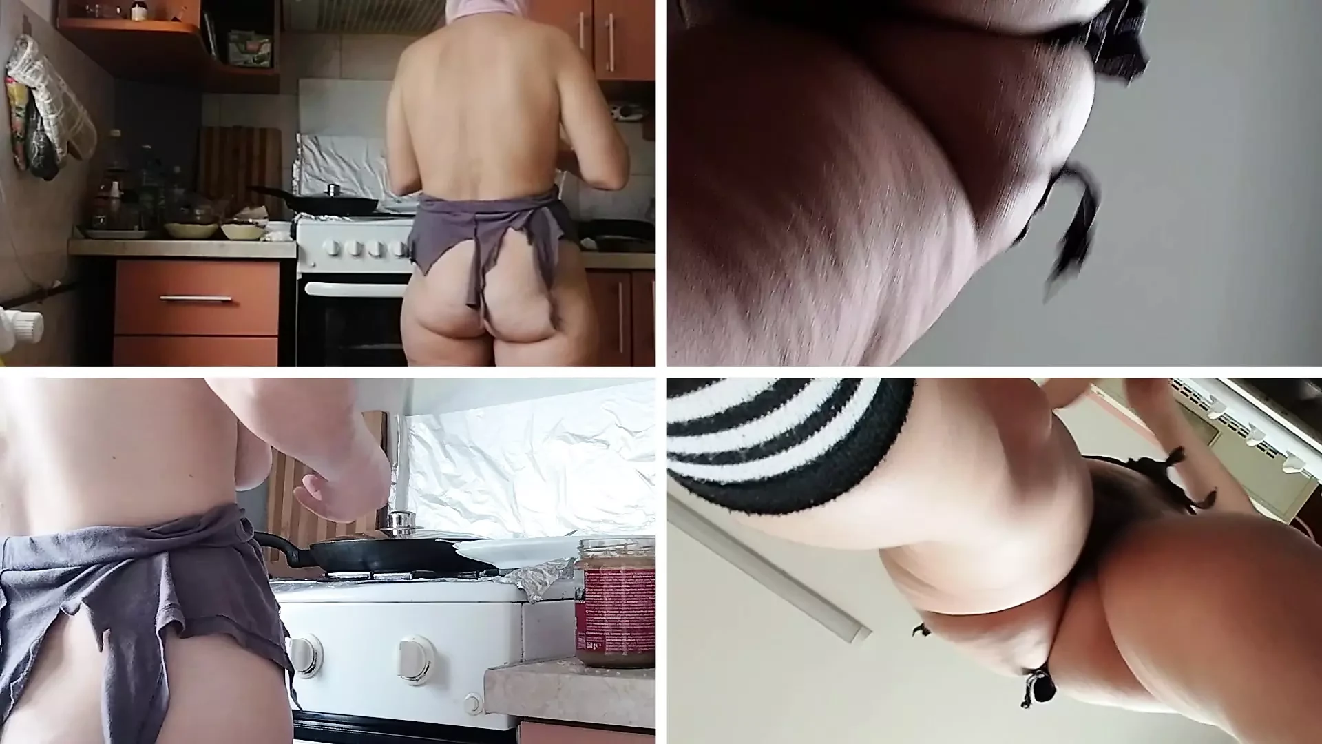 Morena buceta peluda prepara o café da manhã nua na cozinha. Mãe sexy limpa a casa nua.