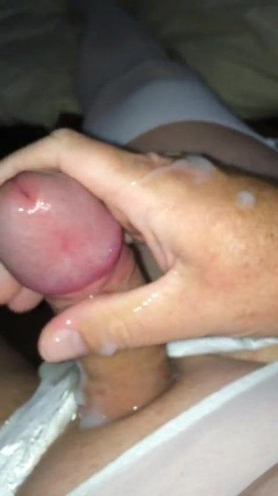 Cumshot in white lingerie