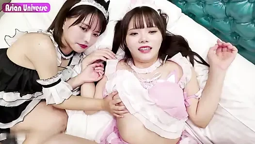 Harem After Hours: Two Cafe Girls Share Shy Thrills in Reverse Threeway