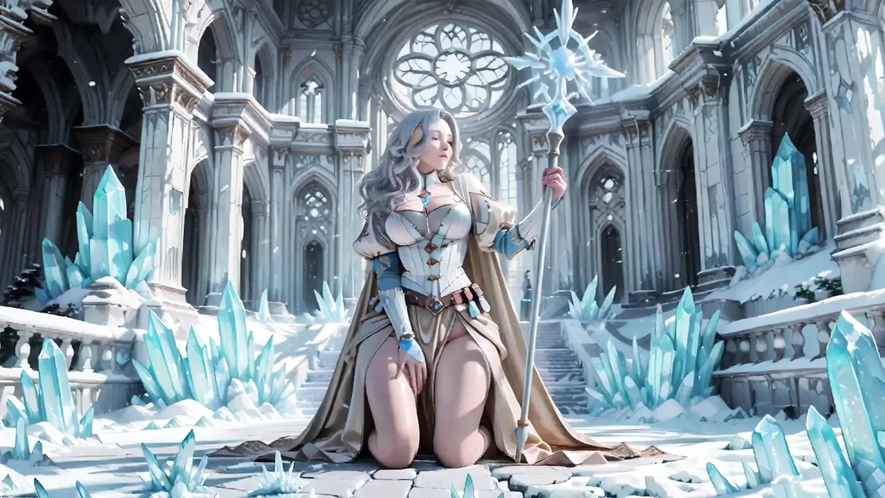 Silver-Haired Ice Queen! Kneeling in the Frozen Castle, her cold armor hides so many secrets. Hand on chest, biting lips...