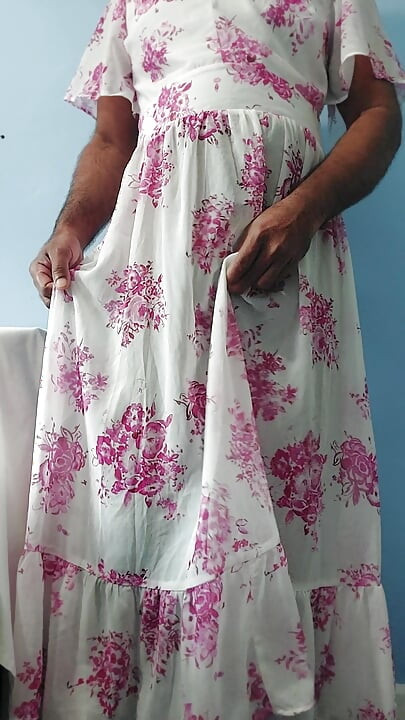 I'm dancing while masterbating in my Pink flowers Silk Seethrough Chiffon Frock