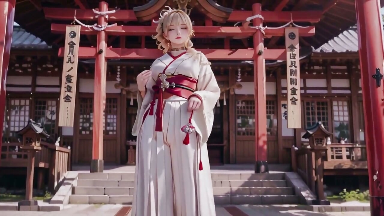 금발 기모노 소녀의 신사 비밀! 베이지색 수정 기모노의 토리이 문 밑에 무릎을 꿇고
