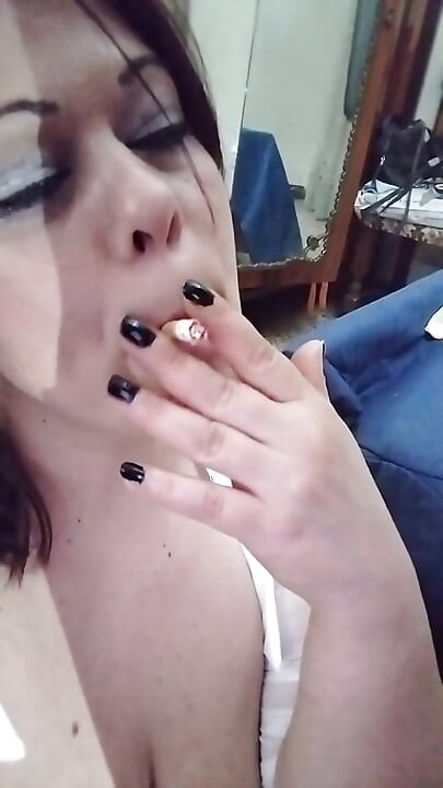 Slut with Huge Tits Jerks off Cock While Smoking