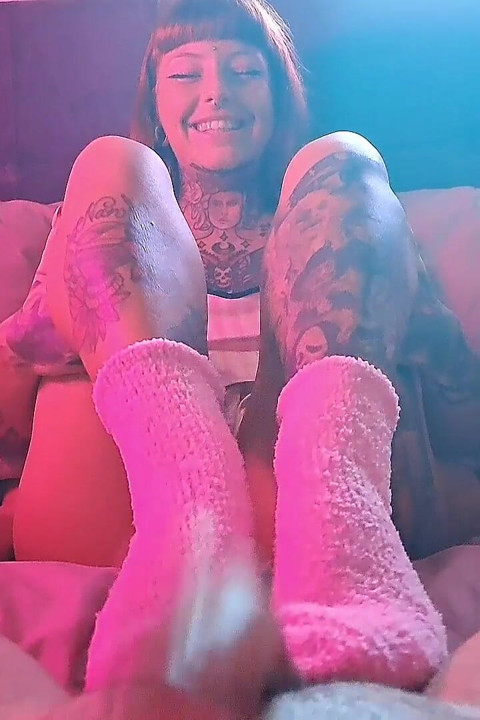 Pink Fluffy Sockjob Ends with Cum on Socks