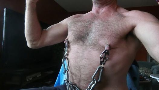 Gay Nipple Pig Muscle Daddy in harness and nipple clamps