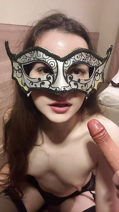 Russian slut in stockings gives drooling blowjob and sucks balls dildo - very dirty