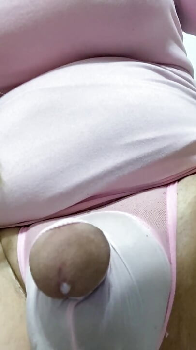 Crossdresser Shemale Cums Hands Free on Cock and Pussy Then Licks the Cum off