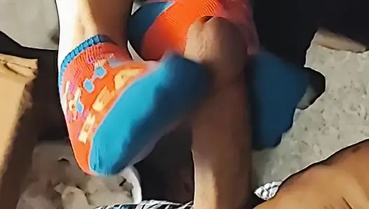 Hot Little Footjob - Pink & Blue Ankle Socks Sockjob - Cum On Socks