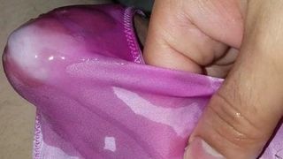 Soaking a satin thong with cum inside and out