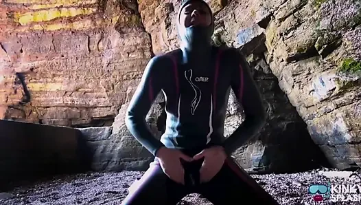 Shiny Rubber Wetsuit Tease in Private Cave